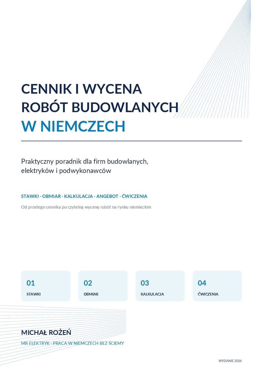 Okładka darmowego poradnika Cennik i wycena robót budowlanych w Niemczech — Michał Rożeń, MR Elektryk